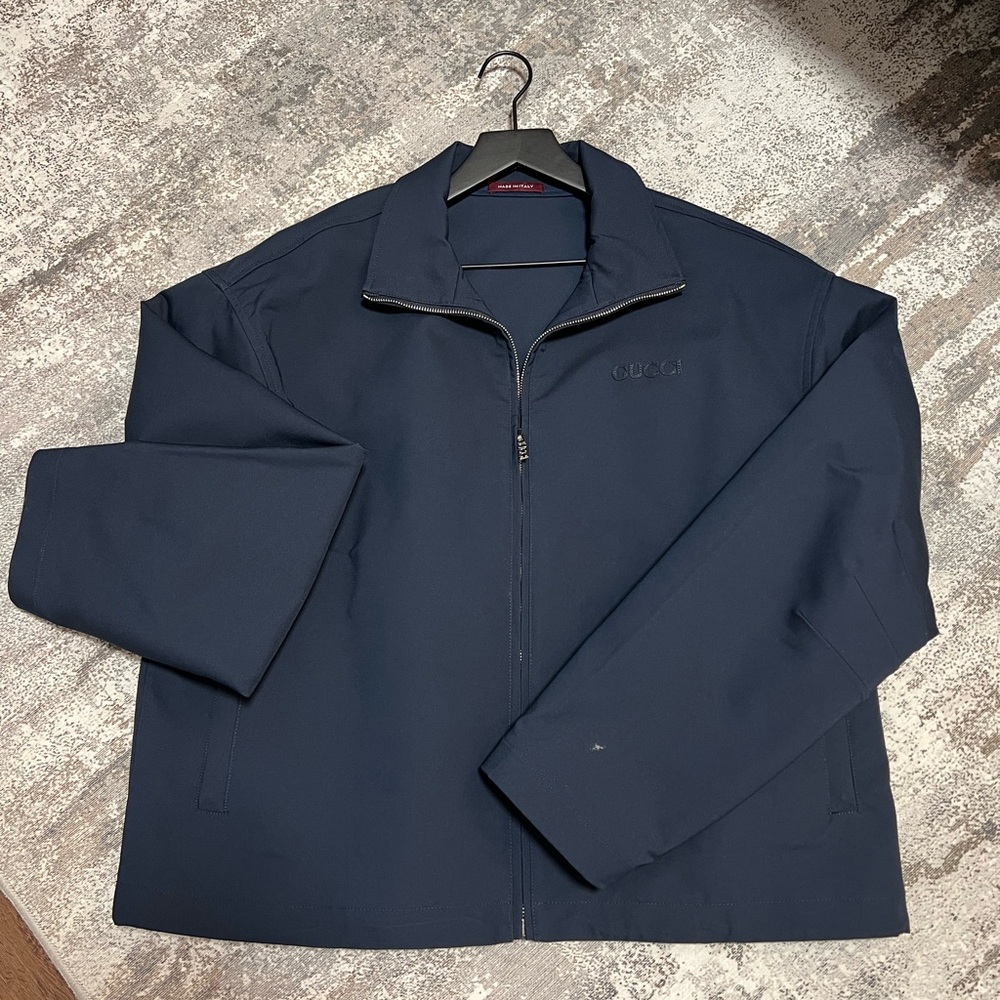 Gucci Dark Blue embroidered-logo jacket